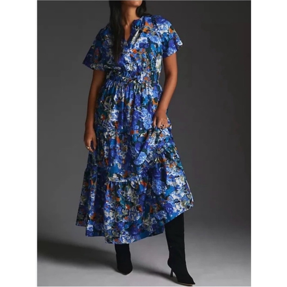 Anthropologie Somerset Tiered Maxi Dress XL Women Blue Floral V-Neck Cotton Boho